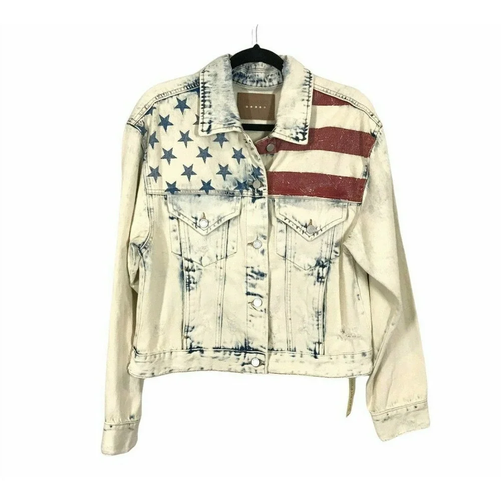 Blank NYC American Flag Red White Blue Distressed Button Denim Jacket Sz Small - Picture 4 of 12